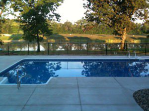This is OnGuard two rail, 48 inch tall Heron style aluminum pool fence.
