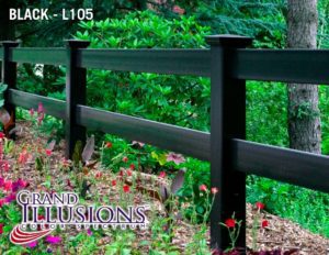 Illusions 2 rail Post and Rail fence in Grand Illusions Black L105. Post and rail is available in 3 and 4 rail as well as crossbuck.