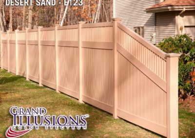 Grand Illusions Style V3701 - Tongue and Groove privacy panels with a framed Victorian picket top in E123 Desert Sand.