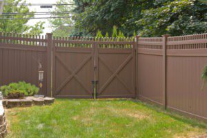VWG 3700 Classic Victorian picket straight top vinyl fence gates set as a double drive in L106 Brown by Grand Illusions.