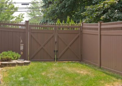 VWG 3700 Classic Victorian picket straight top vinyl fence gates set as a double drive in L106 Brown by Grand Illusions.