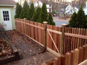 This Classic Victorian picket fence in Red Cedar is available in 3 or 4 foot heights and with a straighte, boxed (framed), 2 or 3 rail staggered picket, stepped or scalloped top.