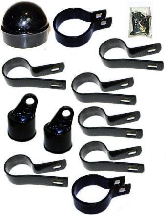 A variety of black powder coated chain link fence fittings are shown. Fittings are available to work with all pipe sizes and come in a choice of color or bare galvanized, foe commercial chain link fence installations or residential fence use.