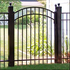 Eastern Ornamental four foot tall aluminum fence EO4202 Accent gate shown with 4x4 posts and ball caps