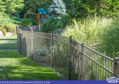 The textured finish on this EO54202 Eastern Ornamental aluminum fence doesn't show the dirt that is normally easily seen on a shiny smooth surface!