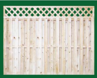 Eastern White Cedar Board On Board Fence with a closed top shown here with a diagonal lattice topper and is available in 4, 5, 6 and 8 foot heights.