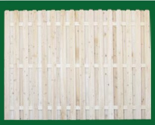Eastern White Cedar Board On Board Fence with an open top shown her with a style 5 (Dog ear) picket is available in 3, 4, 5, 6 and 8 foot heights.