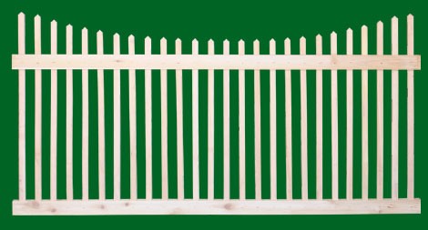 Classic Victorian Cedar picket fence panel with 2 rails and scalloped picket top.