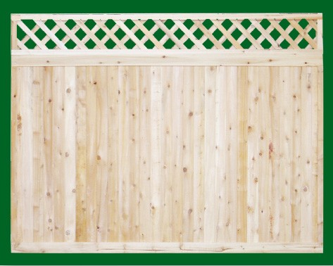 Eastern White Cedar one piece T&G Cedar privacy panels with diagonal lattice topper. Topper is an add on and is attached on site