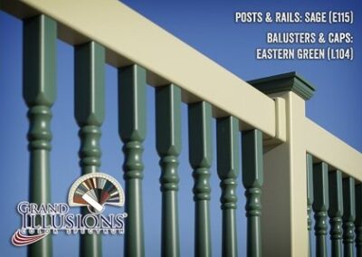Seen here is a 2x3.5 inch top rail with Colonial balusters. Grand Illusions Vinyl Deck Railing offers un matched flexibility in design.