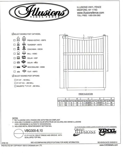 Illusions Vinyl Fence style VBG - T&G Privacy panel with scalloped top rail whih is available in all heights. The Mid Rail is on panels over 6 feet tall.