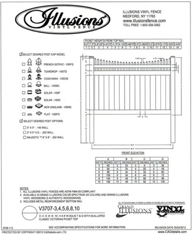 This image shows Illusions Vinyl Fence style V3707 a T&G privacy panel with Scalloped Victorian picket top - a very popular choice. You can order this style and matching gates in all heights, colors and amazing wood grain finishes. All heights are available in the Classic Series colors of White, Beige and Gray.