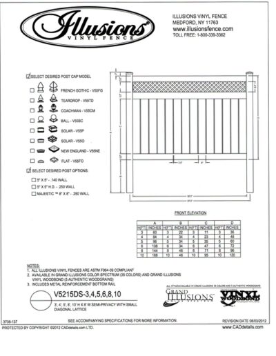 Illusions Vinyl Fence style V5215DS has 6 inch wide boards in the base with 1/2 inch spacing between and a small diagonal lattice top. Available in Classic, Grand Illusions or WoodBond Series in all heights.