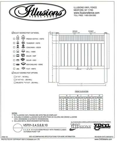 V5701 Style by Illusions Vinyl Fence has a Framed Victorian picket top and 6 inch boards with 1/2 inch spacing between. All Illusions fence styles and heights are available in the amazing Grand Illusions Color or beautiful wood grain finishes. And, of course, matching gates are avaisable as well!