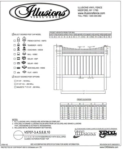 V5707 Style by Illusions Vinyl Fence has a Scalloped Victorian picket top and 6 inch boards that are spaced 1/2 inch apart as the base.