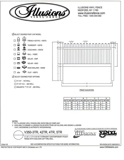 This Illusions Vinyl Fence Contemporary picket with straight top and dog eared cap comes with two rails on heights 3, 42 inch, 4 and 5 foot. Remember - you can get any Classic or Grand illusions color or one of the wood grain finishes.