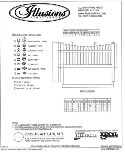 Illusions Vinyl Fence Contemporary picket (7/8x3 inch) with scalloped top and dog eared cap. Two rails are used on 3, 42 inch, 4 and 5 foot heights. All Illusions fence products are available in the Classic, Grand Illusions Color Spectrum ot the WoodBond wood grain finish..