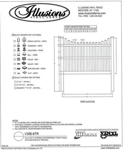 Illusions Vinyl Fence Contemporary picket (7/8x3 inch) with stepped top and dog eared cap. Three rails are required on 6 foot tall panels. All Illusions fence products are available in the Classic, Grand Illusions Color Spectrum ot the WoodBond wood grain finish.
