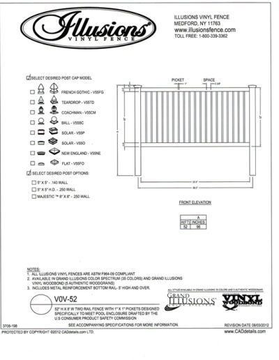 This 52 inch by 8 foot two rail vinyl picket fence section is designed by Illusions specifically to meet the USCPSC and BOCA pool codes.