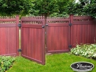 V3700 T&G privacy panel with straight top Classic Victorian picket in Grand Illusions Mahogany wood grain vinyl.