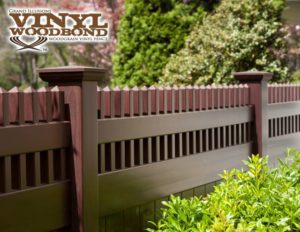 All Grand Illusions WoodBond wood grain vinyl fence panels are offered in every Illusions fence styles. Here it is shown as the V3700, a T&G privacy panel with a straight Victorian pickt top.