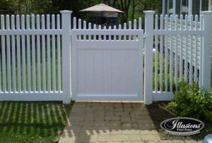 Illusions Vinyl Classic Victorian Picket fence style V707-4. A four foot tall panel with a scalloped picket top.