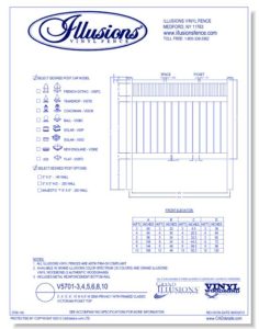 V5701 Style by Illusions Vinyl Fence has a Framed Victorian picket top and 6 inch boards with 1/2 inch spacing between. All Illusions fence styles and heights are available in the amazing Grand Illusions Color or beautiful wood grain finishes.