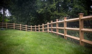 Cedar post and rail with diamond shaped rails (ends are dowled) is sold with 5x5 posts and is offered in 2 or 3 rail versions. Matching gates are also available.