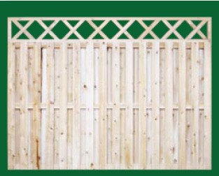 Eastern White Cedar Board On Board Fence with a closed top shown here with a Criss Cross topper and is available in 4, 5, 6 and 8 foot heights 