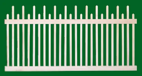 Classic Victorian Cedar picket fence panel with 2 rails and staggered pickets