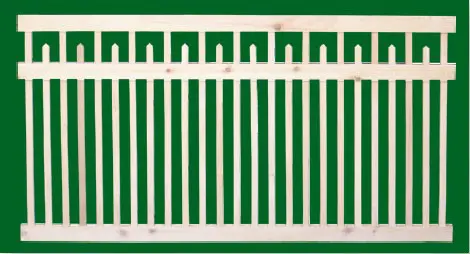 Classic Victorian Cedar picket fence panel with top rail and pointed pickets between the mid and top rail that alternate with full length picksts