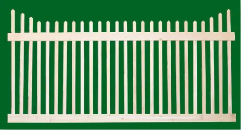 Classic Victorian Cedar picket fence panel with two rails and pickets that step down from the ends.