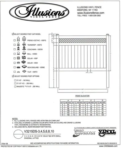 Illusions Vinyl Fence style V3215DS a T&G privacy panel with small diagonal lattice top. This panel is available in all heights, colors and wood grain finishes and you can order matching gates of all widths up to 6 feet for a single leaf and 12 for a double gate.