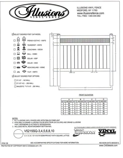 Illusions Vinyl fence style V5215SQ is a semi privacy panel with a base of 6 inch boards space 1/2 inch apart and a square sheet lattice top.