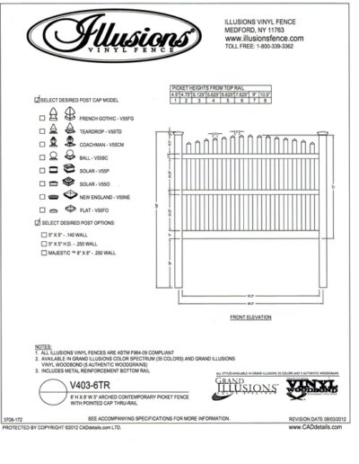 This is a 3 rail, 6 foot tall Contemporary spaced picket with pointed cap and crowned top. Illusions Vinyl Fence offerds this style in any of their vinyl colors or wood grain finishes.